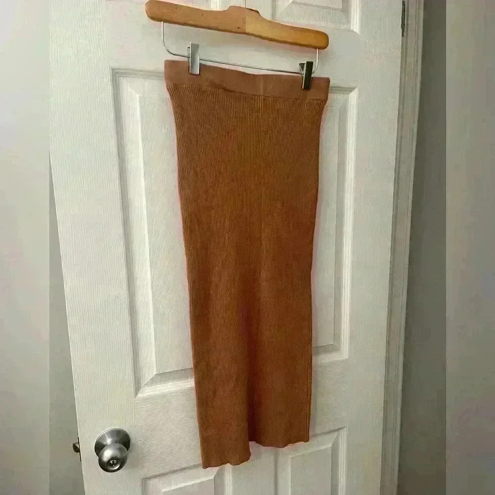 MNG NEW ribbed knit bodycon maxi skirt in camel color size XS